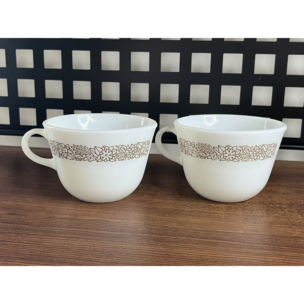 Pair Vintage Pyrex Woodland Brown Floral White Milk Glass Mugs Coffee Tea Cups